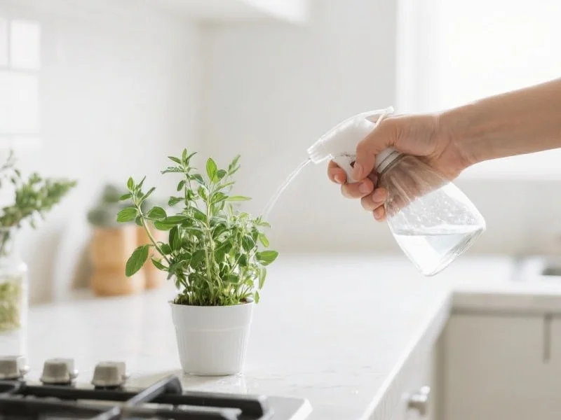 手持喷壶轻柔地为厨房里的香草植物浇水，背景为明亮整洁的厨房台面